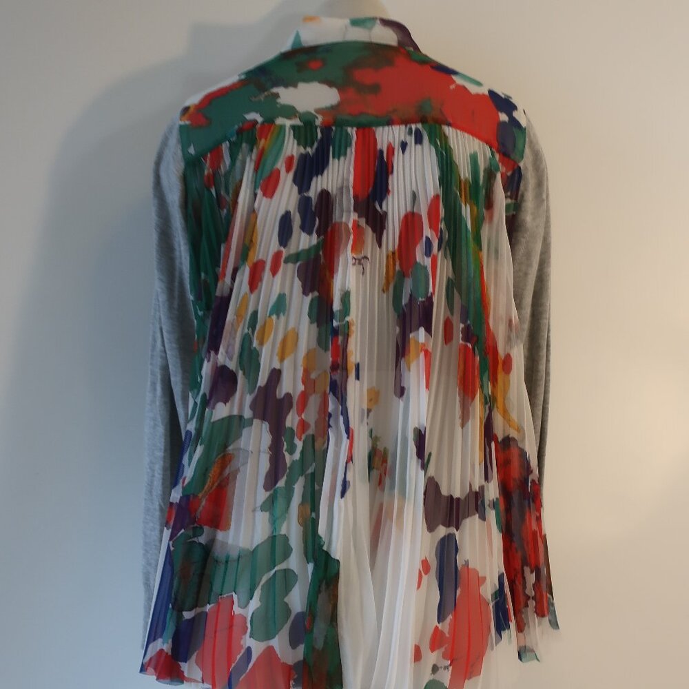 Women Sacai White Multicolor Floral Mixed Media Knit V-Neck Cardigan Sweater L - Picture 10 of 14